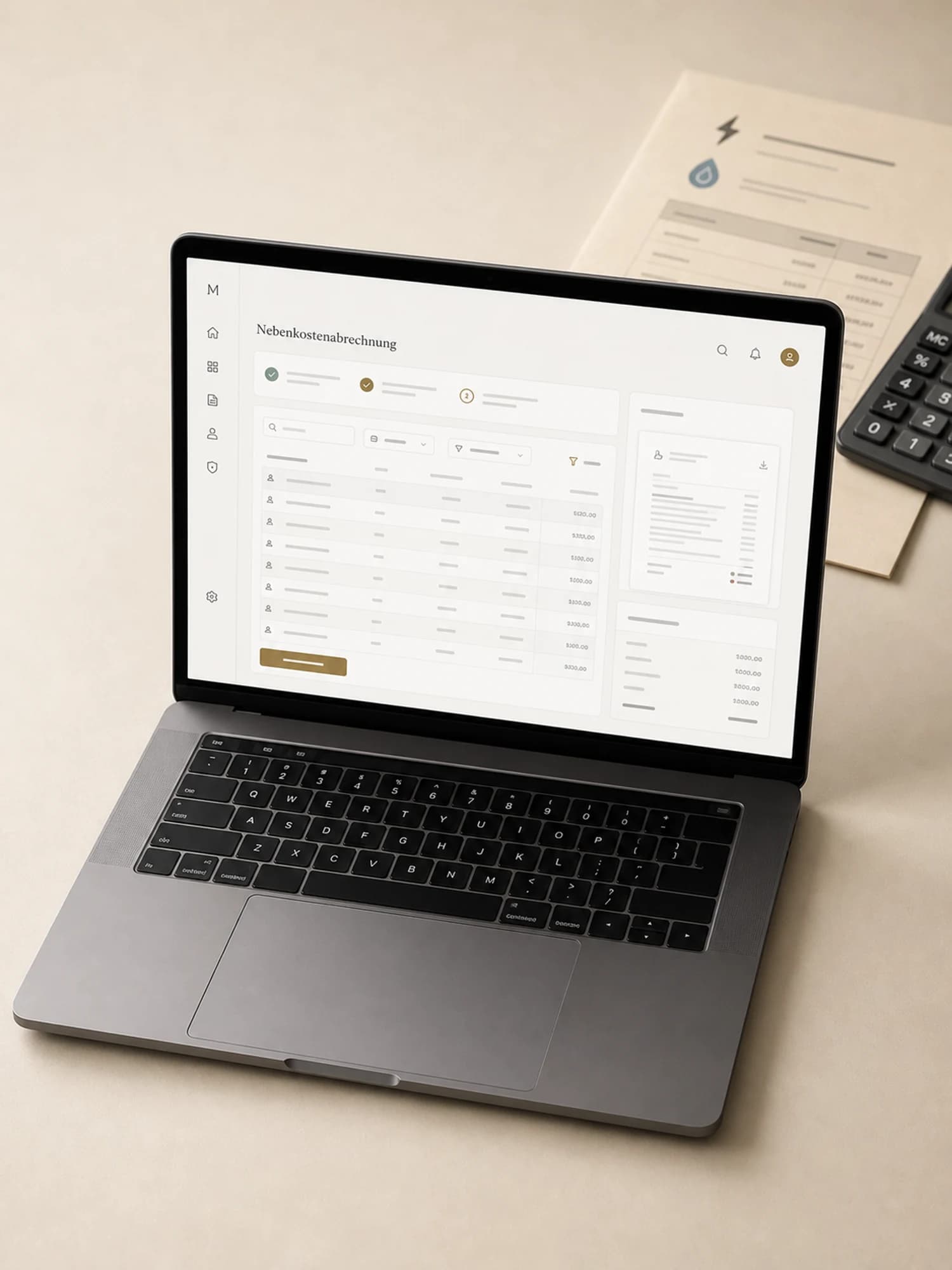 Aufgeklapptes MacBook auf cremefarbener Papieroberfläche zeigt die Immorium-Nebenkostenabrechnung mit einer Tabelle der Mieter-Zuteilung, einer Summenspalte rechts und einer PDF-Vorschau