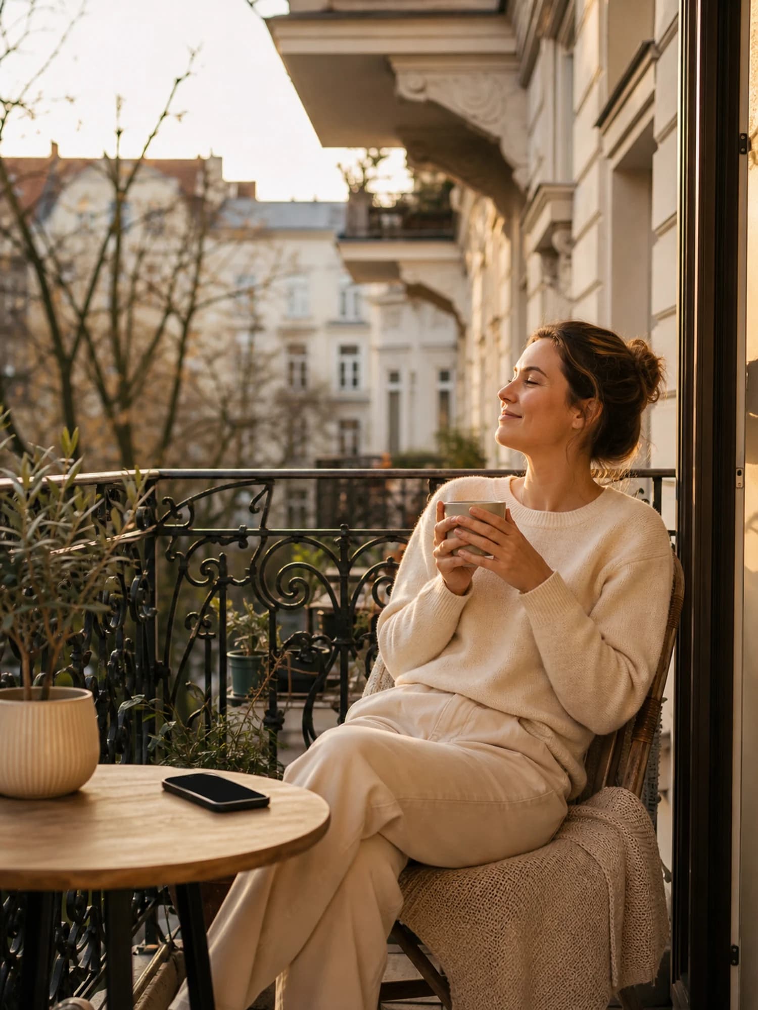 Eigentümerin am späten Nachmittag auf einem ruhigen Balkon mit einer Kaffeetasse in beiden Händen, das Smartphone liegt umgedreht auf dem Beistelltisch im warmen goldenen Licht
