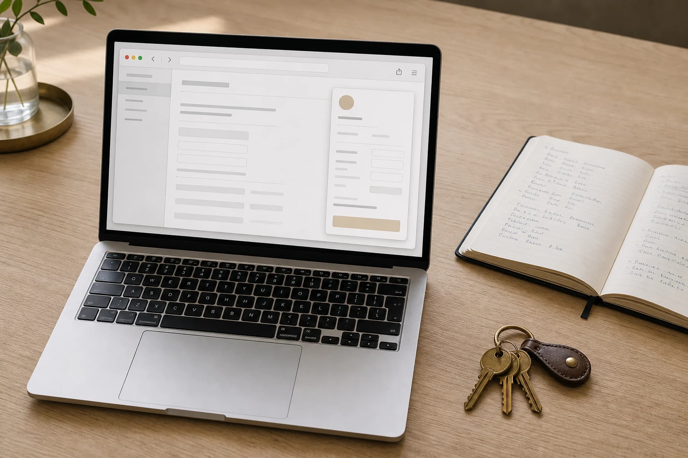 Aufgeklapptes MacBook auf einem hellen Holzschreibtisch, daneben ein kleines Notizbuch mit handschriftlichen Wohnungsdaten und ein Messing-Schlüsselbund