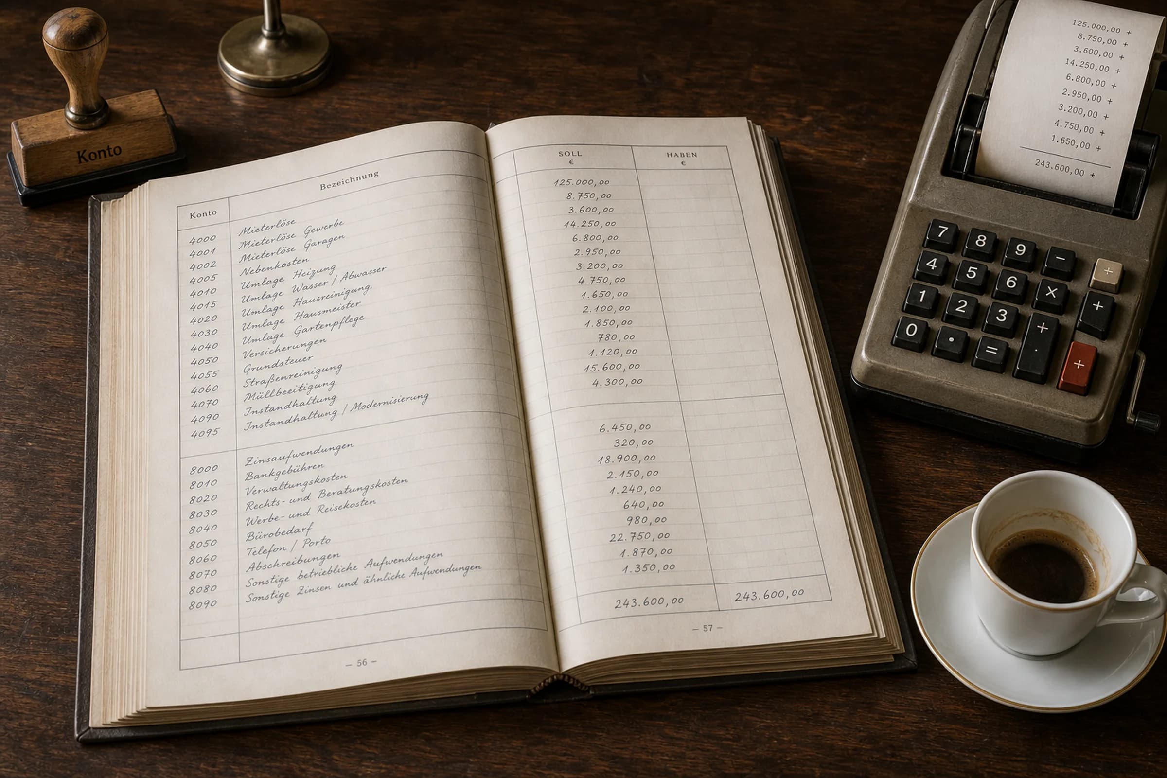 Aufgeschlagenes Ledger-Buch mit serifen-gedruckten Kontonummern, daneben ein Taschenrechner und ein Stempel mit dem Aufdruck Konto