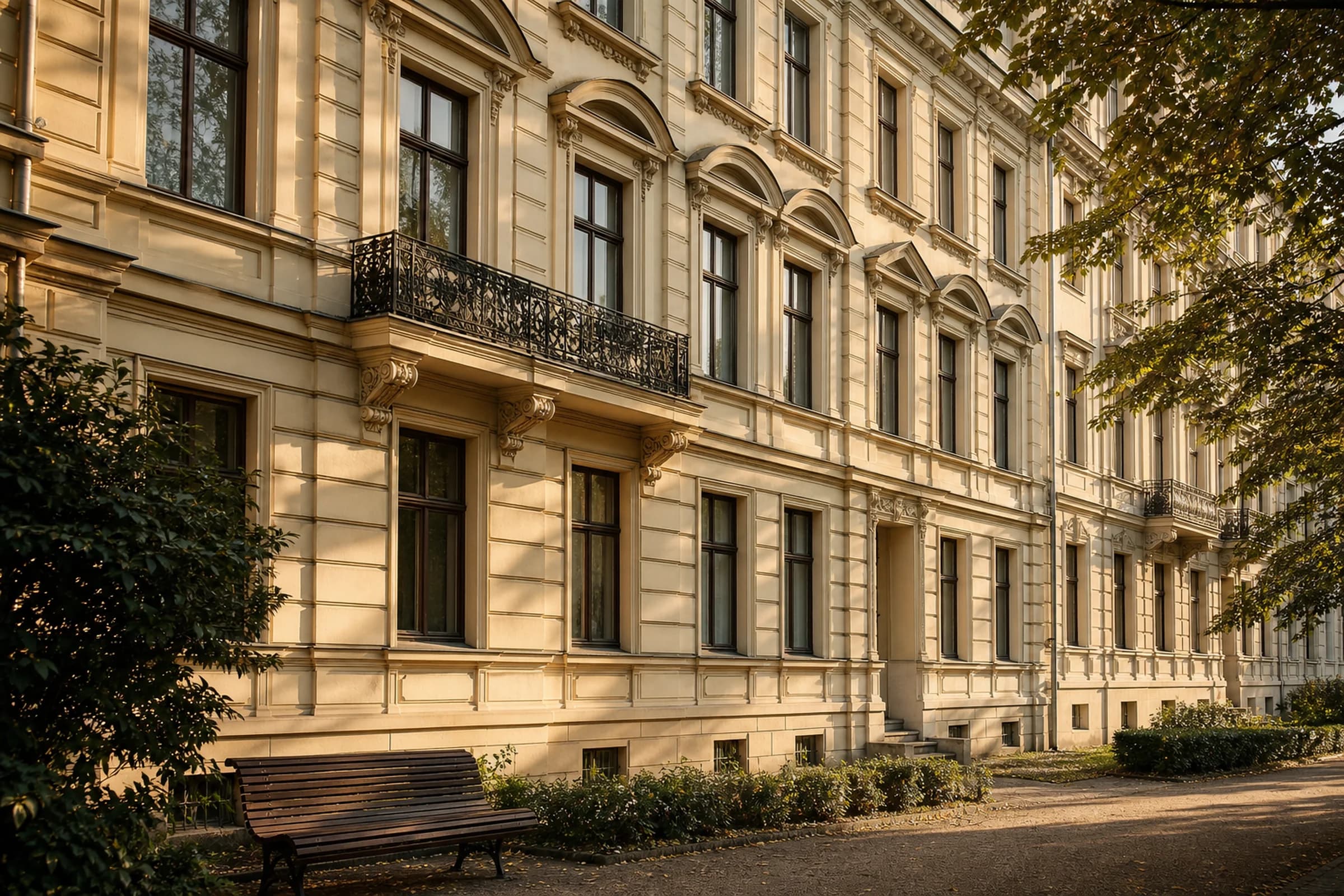 Klassizistisches deutsches Mehrfamilienhaus mit Stuckverzierung am späten Vormittag, Fassade angeschnitten und teilweise im Schatten