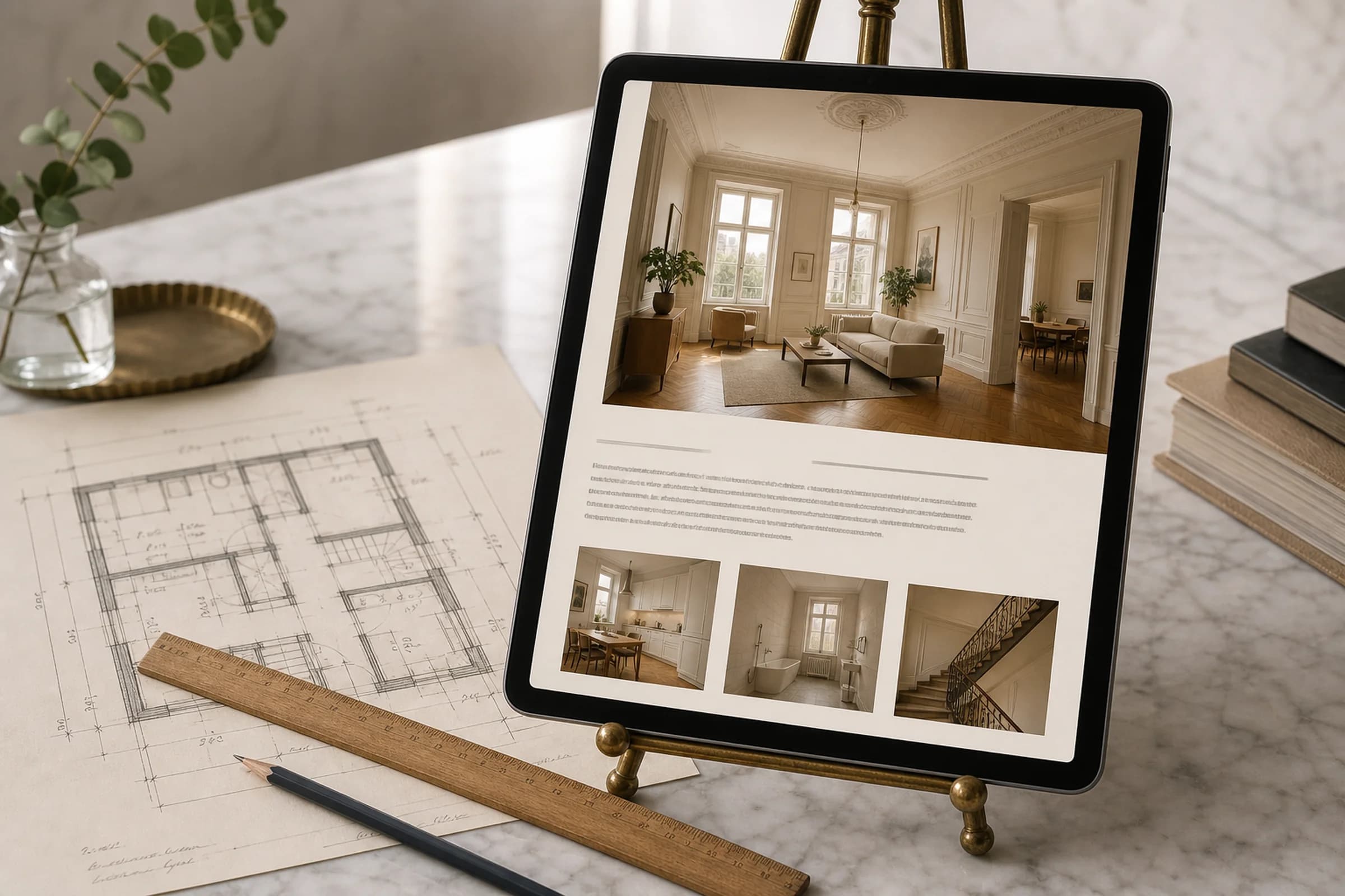 Tablet auf einer kleinen Messing-Staffelei mit einem Wohnungsinserat-Layout, daneben eine architektonische Grundriss-Skizze und ein Bleistift auf cremefarbenem Papier