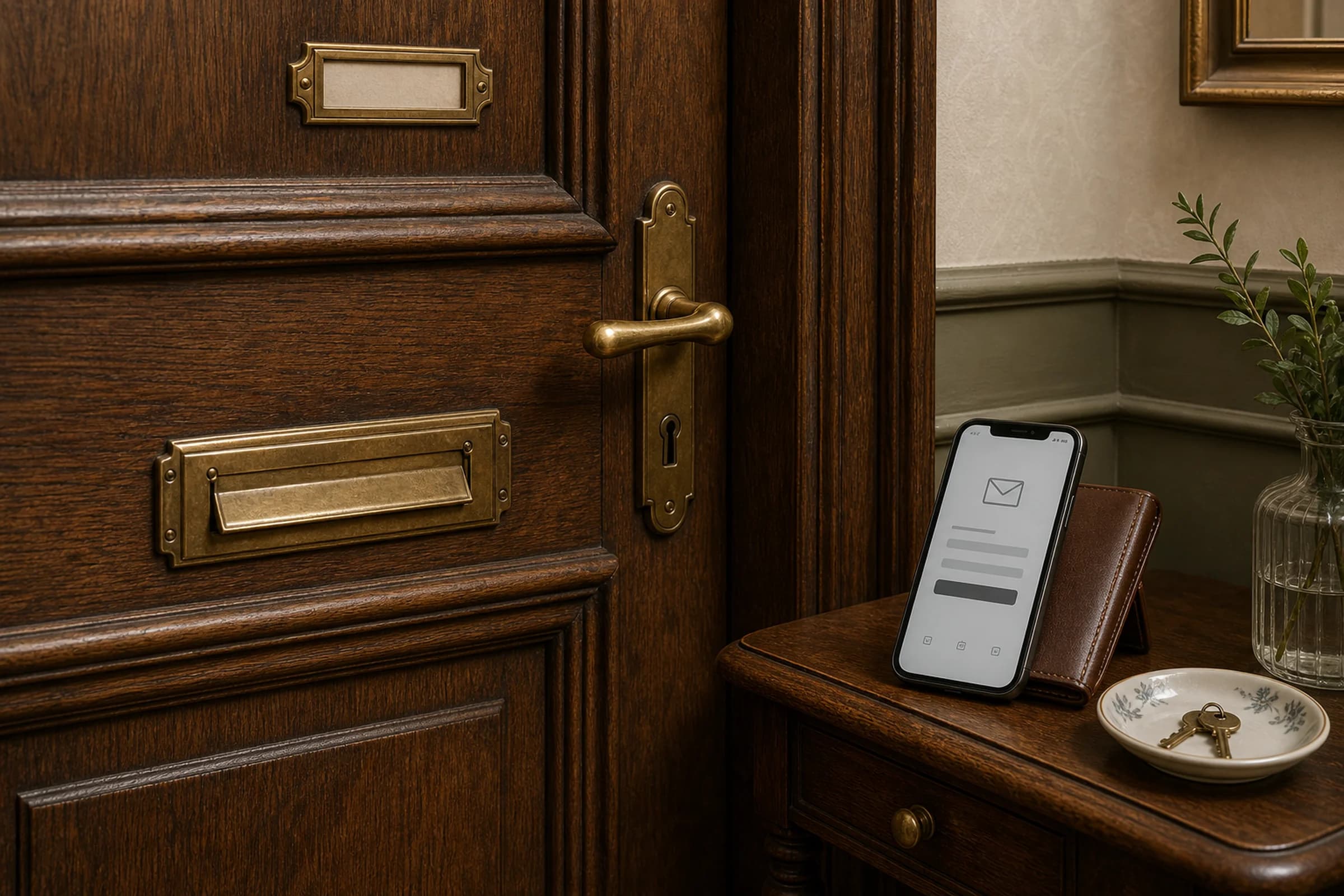 Hölzerne Wohnungstür mit Messing-Klingelschild und Schlüsselloch, daneben ein Smartphone auf einem kleinen Beistelltisch, das einen E-Mail-Login-Screen zeigt