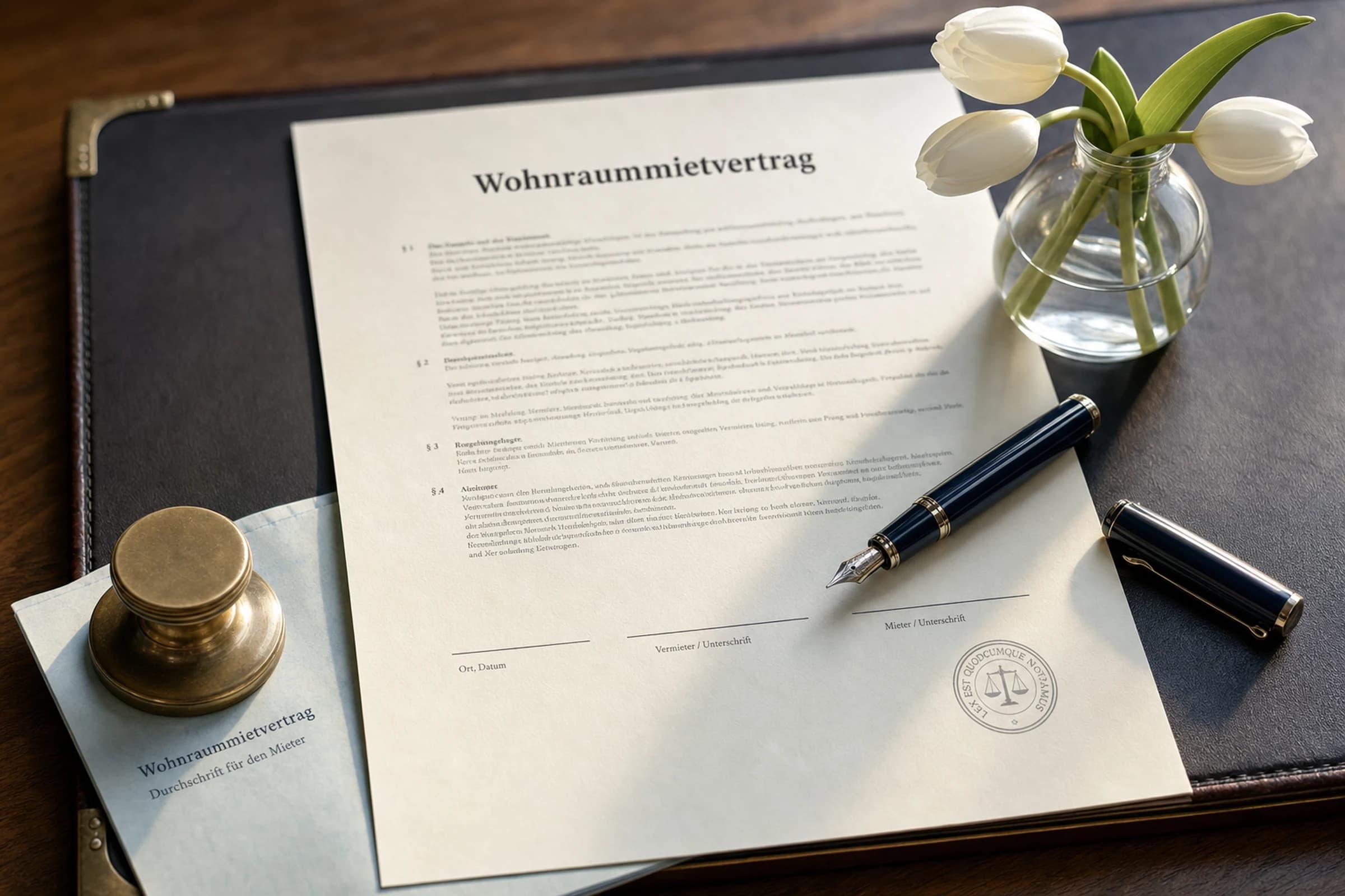 Frisch gedruckter Mietvertrag auf cremefarbenem Papier mit dunkelblauem Pelikan-Füllfederhalter und einem kleinen Strauß weißer Tulpen im Hintergrund