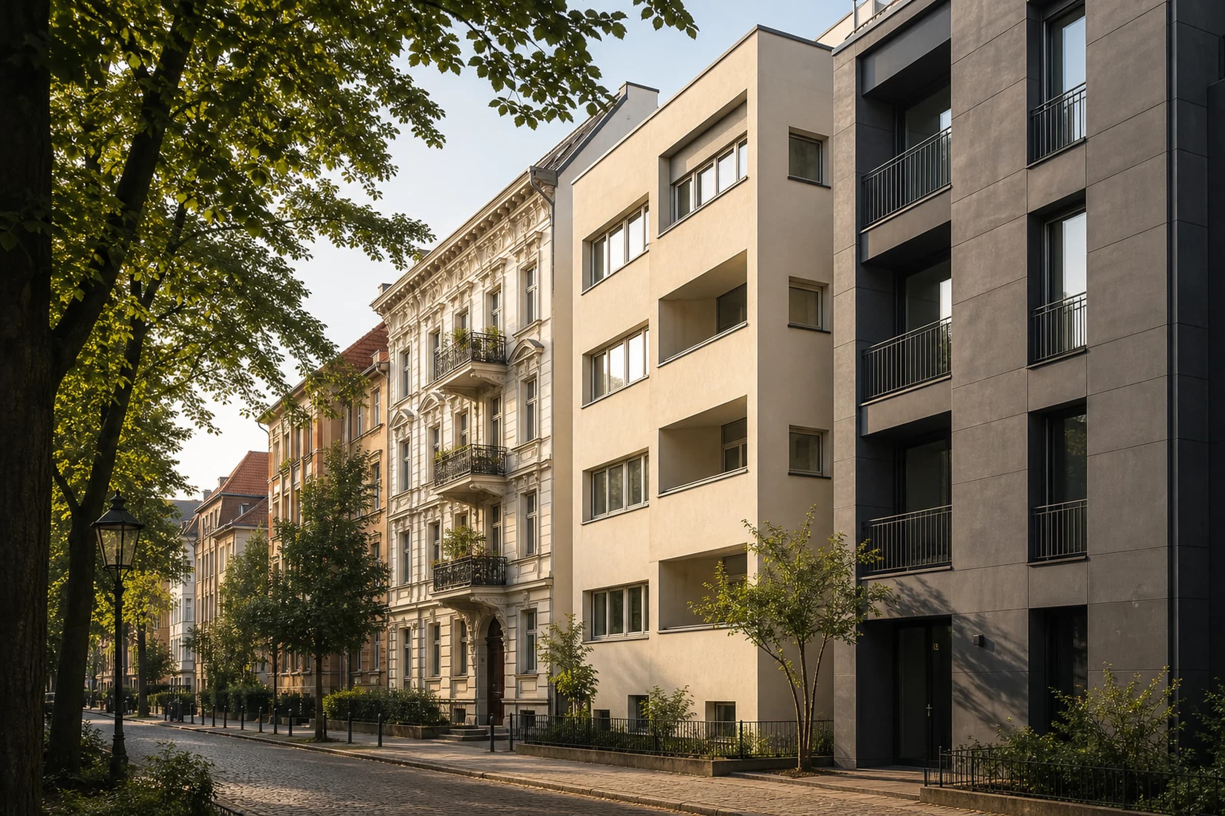 Reihe deutscher Mehrfamilienhäuser unterschiedlicher Epochen (Gründerzeit-Altbau, Bauhaus-Klassiker und Neubau) auf einer ruhigen Straße in der Morgenstunde