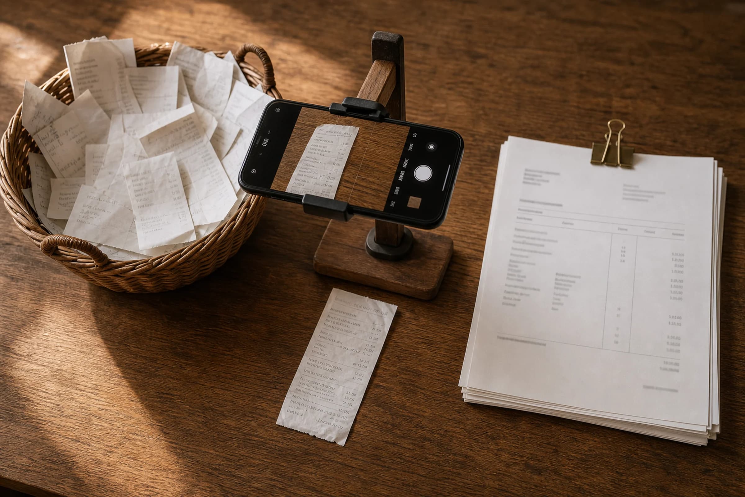 Weidenkorb voller zerknitterter Papierbelege auf einem Eichentisch, daneben ein ordentlicher Stapel digitalisierter Belege und ein Smartphone in einer Halterung