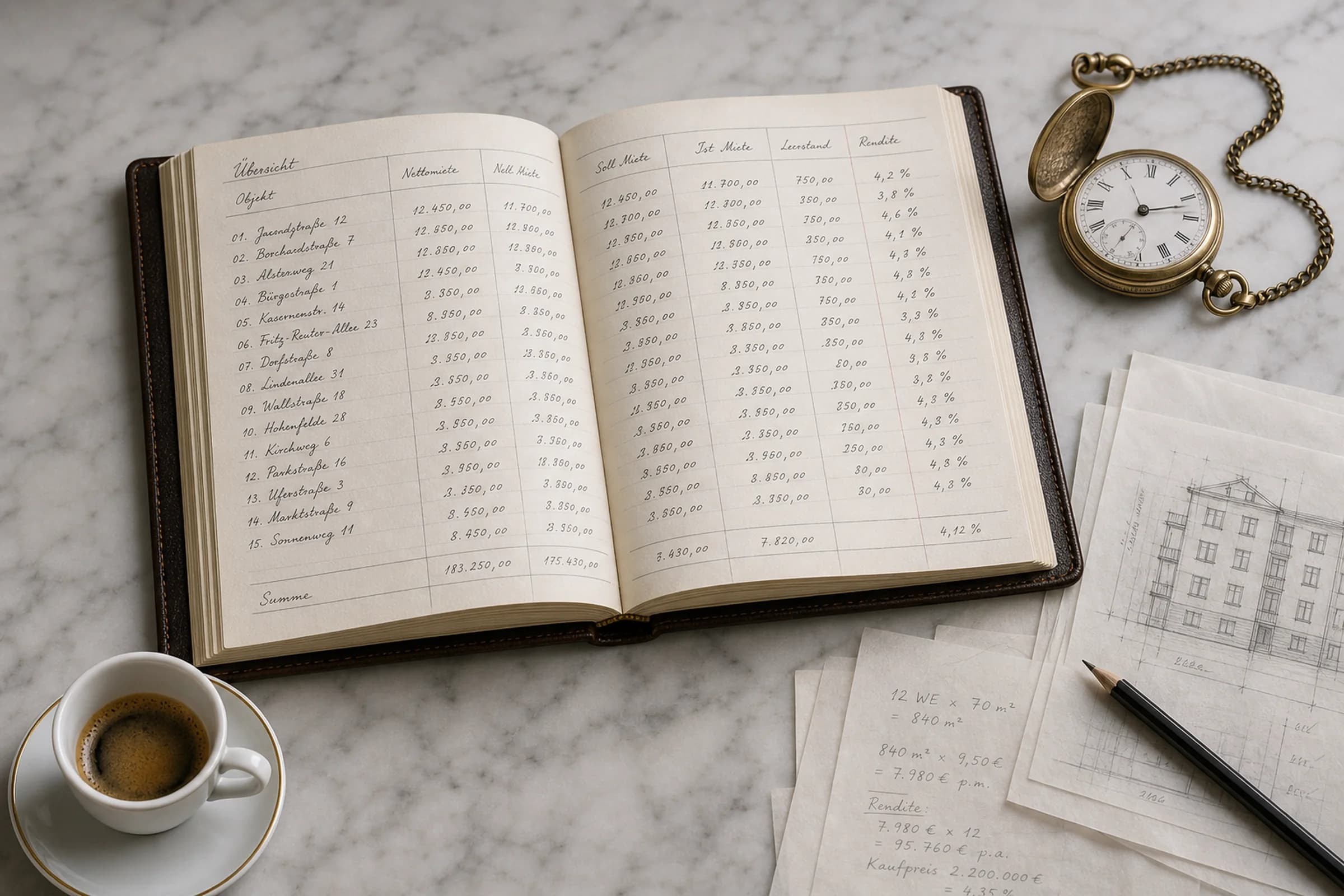 Aufgeschlagenes Hauptbuch auf Marmoroberfläche, daneben eine antike Taschenuhr, ein Espresso und mehrere übereinandergelegte handgezeichnete Rendite-Skizzen