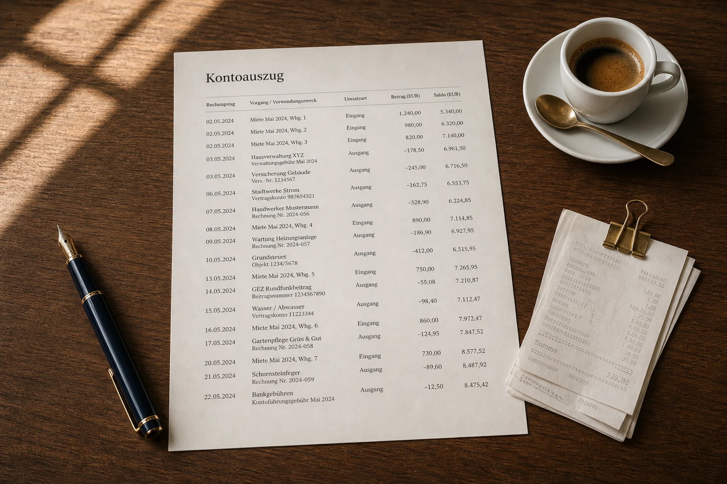 Ausgedruckter Kontoauszug auf einem Eichentisch, daneben eine Espressotasse, ein Pelikan-Füllfederhalter und ein Stapel sortierter Quittungen mit Messing-Klammer