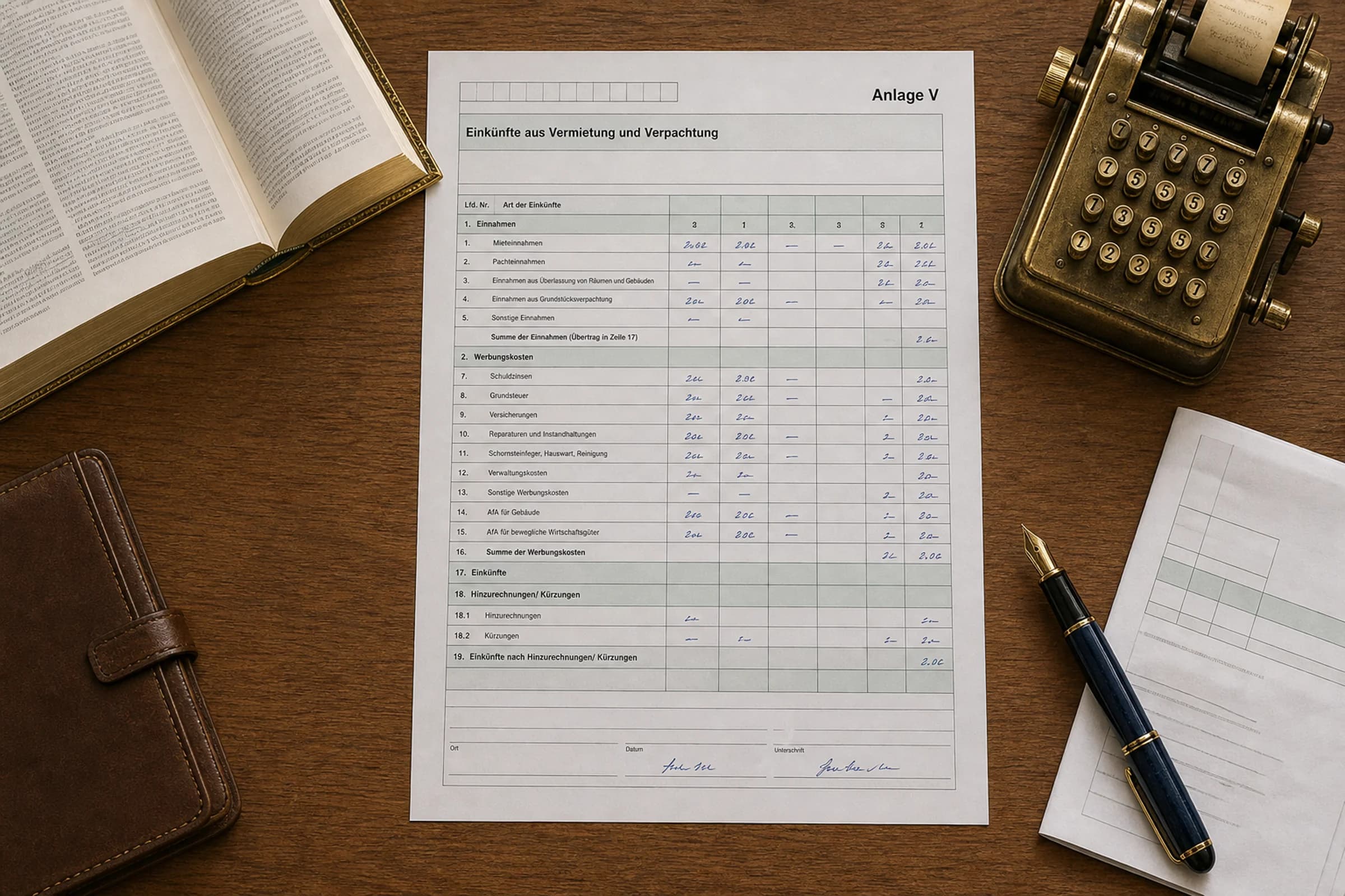 Offizielles deutsches Anlage-V-Steuerformular auf einem Eichentisch mit aufgeschlagenem EStG-Kommentar, Pelikan-Füllfederhalter und Taschenrechner mit Papierrolle