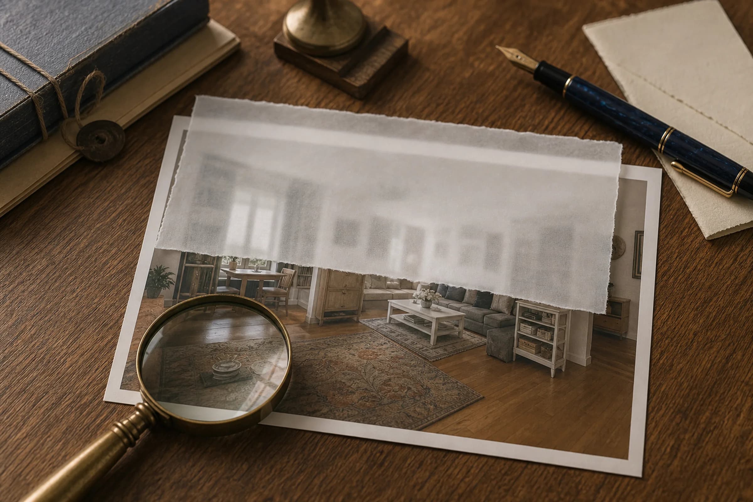 Stillleben mit einem ausgedruckten Wohnungsfoto, auf dem ein milchig-translucentes Stück Pergamentpapier einen Teil verdeckt, daneben eine Messing-Lupe und ein Pelikan-Füllfederhalter