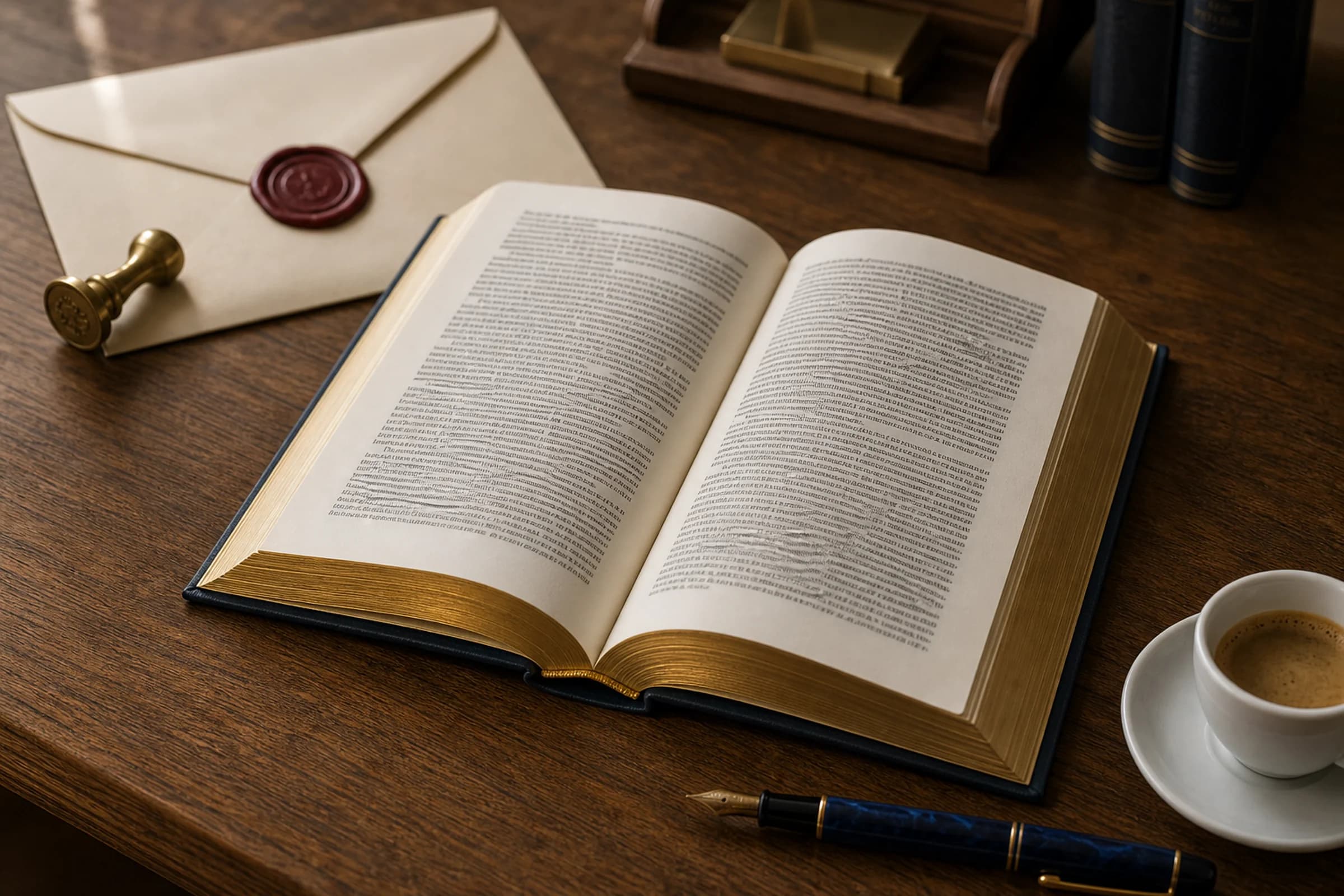 Aufgeschlagenes deutsches Gesetzbuch BGB auf einem Eichentisch, daneben ein versiegelter Briefumschlag mit Messing-Wachssiegel und ein dunkelblauer Pelikan-Füllfederhalter