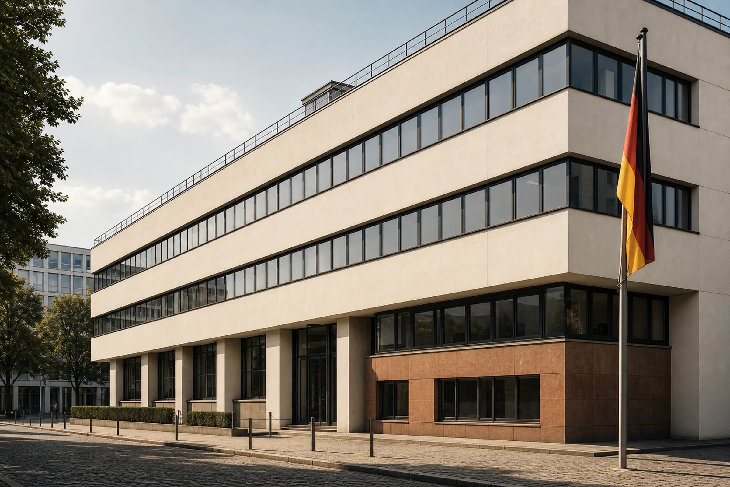 Schwarz-Weiß-Architekturfoto eines Bauhaus-Verwaltungsgebäudes in Frankfurt am Main mit klarer Fassade und einer schmalen schwarz-rot-goldenen Fahne im Hintergrund