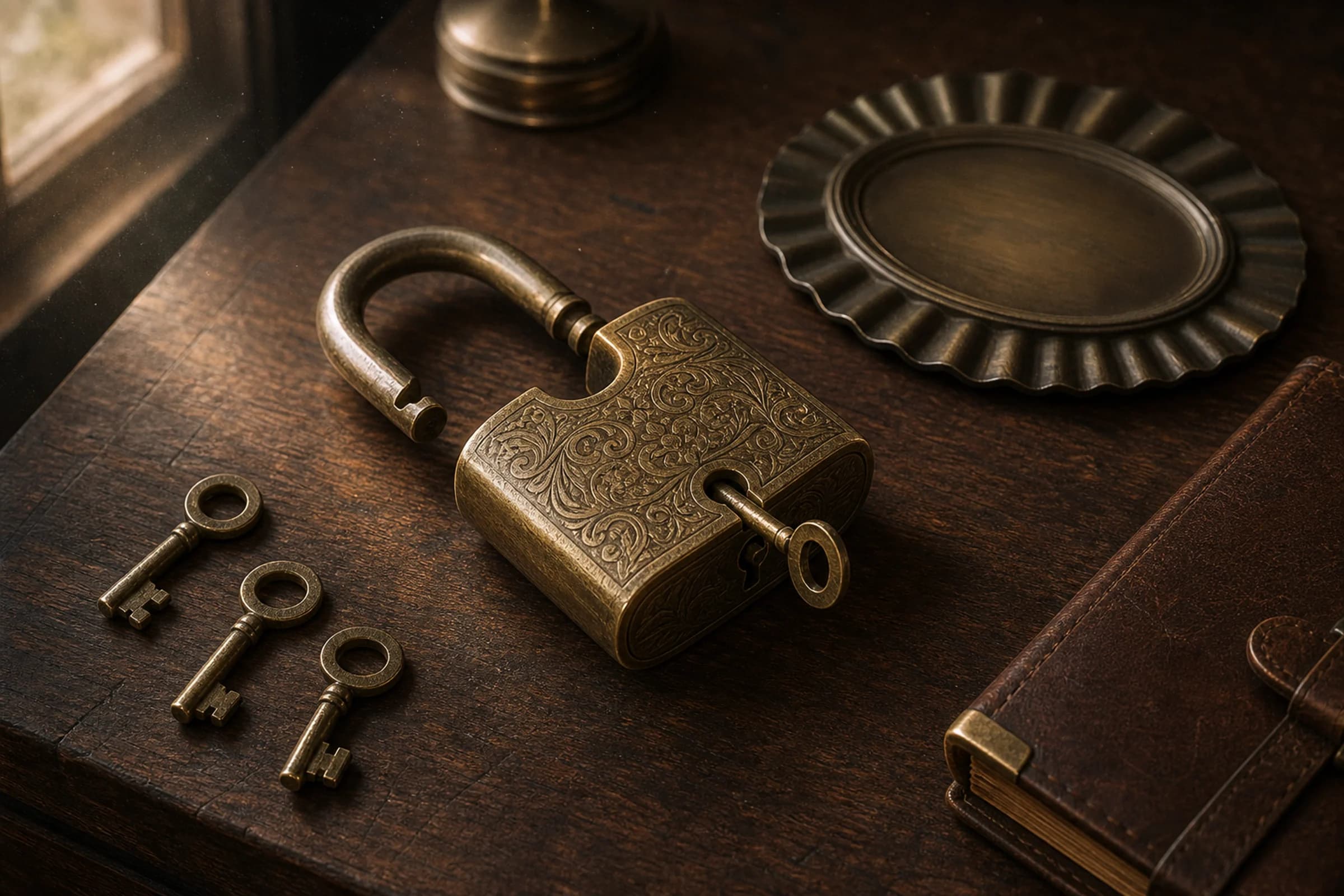 Antikes Messing-Vorhängeschloss mit kompliziertem Schlüssel auf einem Eichentisch, daneben ein mechanischer Schlüsselsatz und eine geriffelte Bronze-Plakette