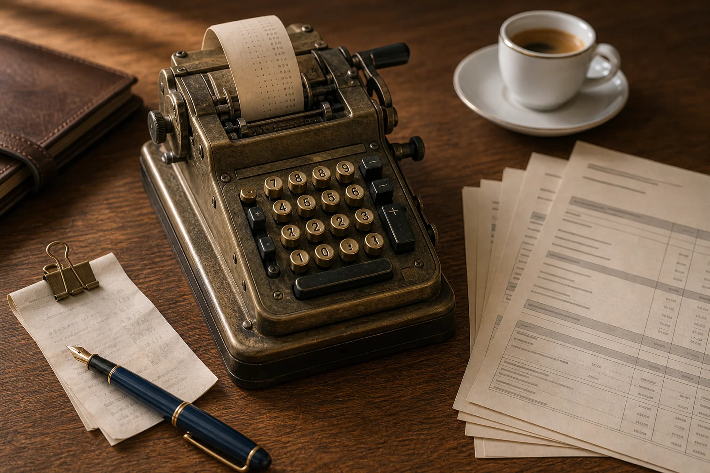 Vintage mechanischer Tisch-Rechner mit Messing-Tasten neben einer aufgefächerten Nebenkostenabrechnung und einem Pelikan-Füllfederhalter auf einem Eichentisch