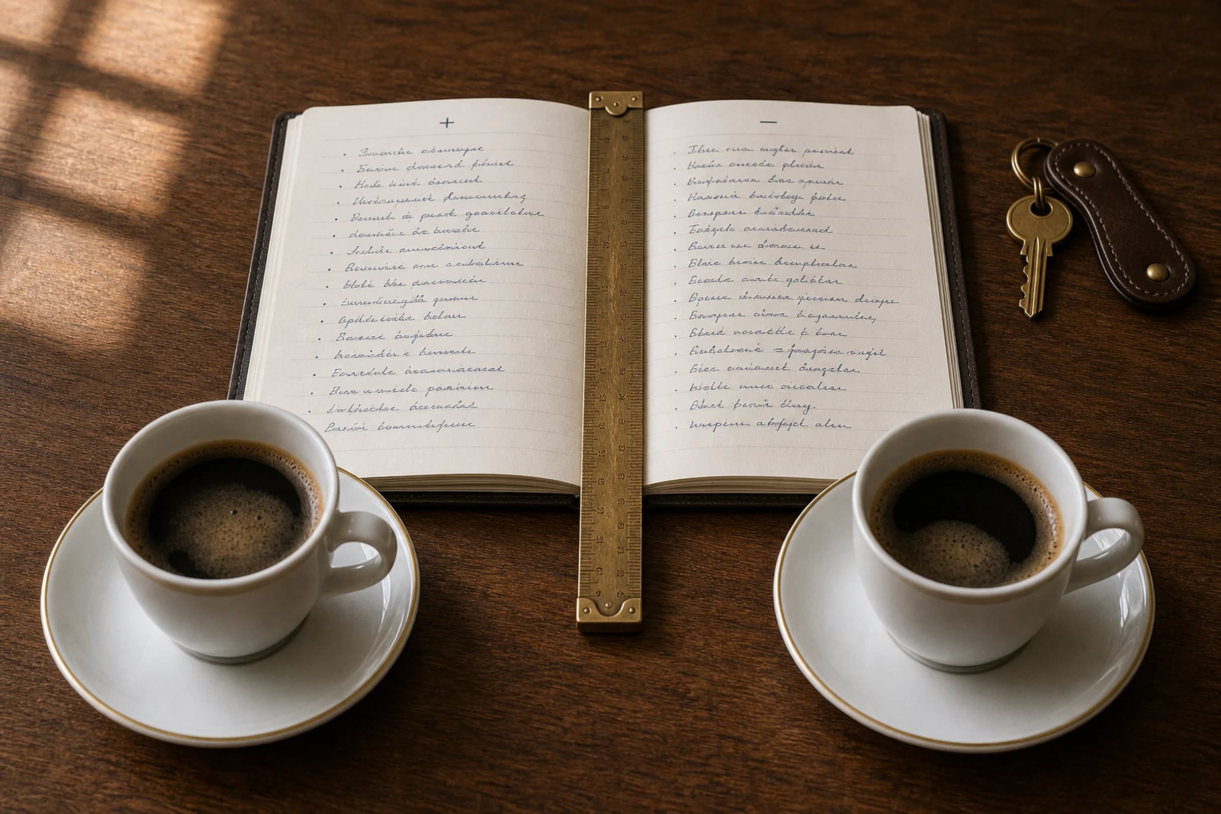 Zwei Kaffeetassen auf einem Eichenholz-Schreibtisch, dazwischen ein aufgeschlagenes Notizbuch mit zwei gegenüberliegenden Spalten von handschriftlichen Vor- und Nachteilen