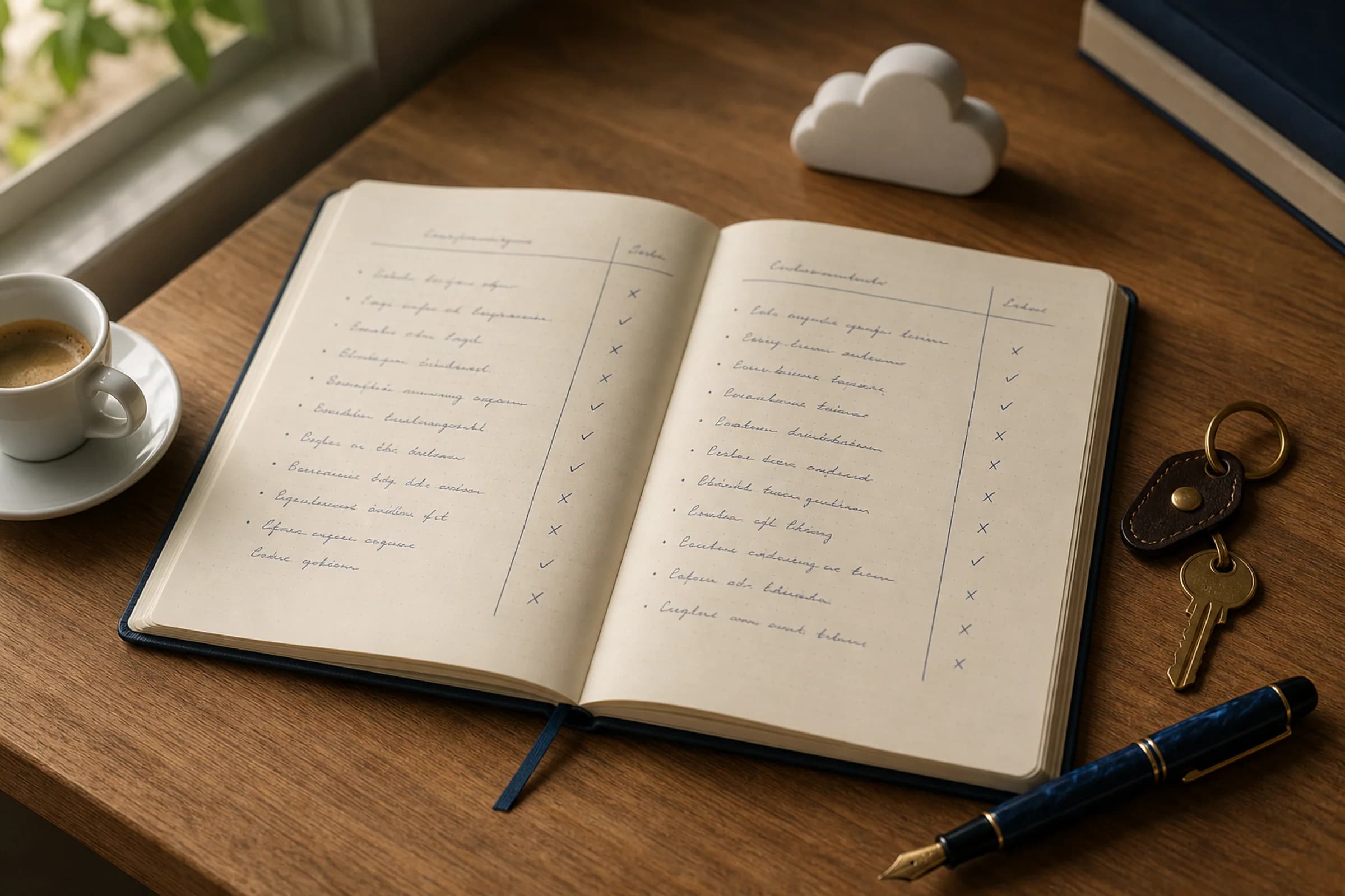 Aufgeschlagenes Notizbuch mit handschriftlichen Vor- und Nachteilen zweier Hausverwaltungs-Softwares, daneben ein Pelikan-Füllfederhalter und eine Espressotasse auf einem Eichentisch