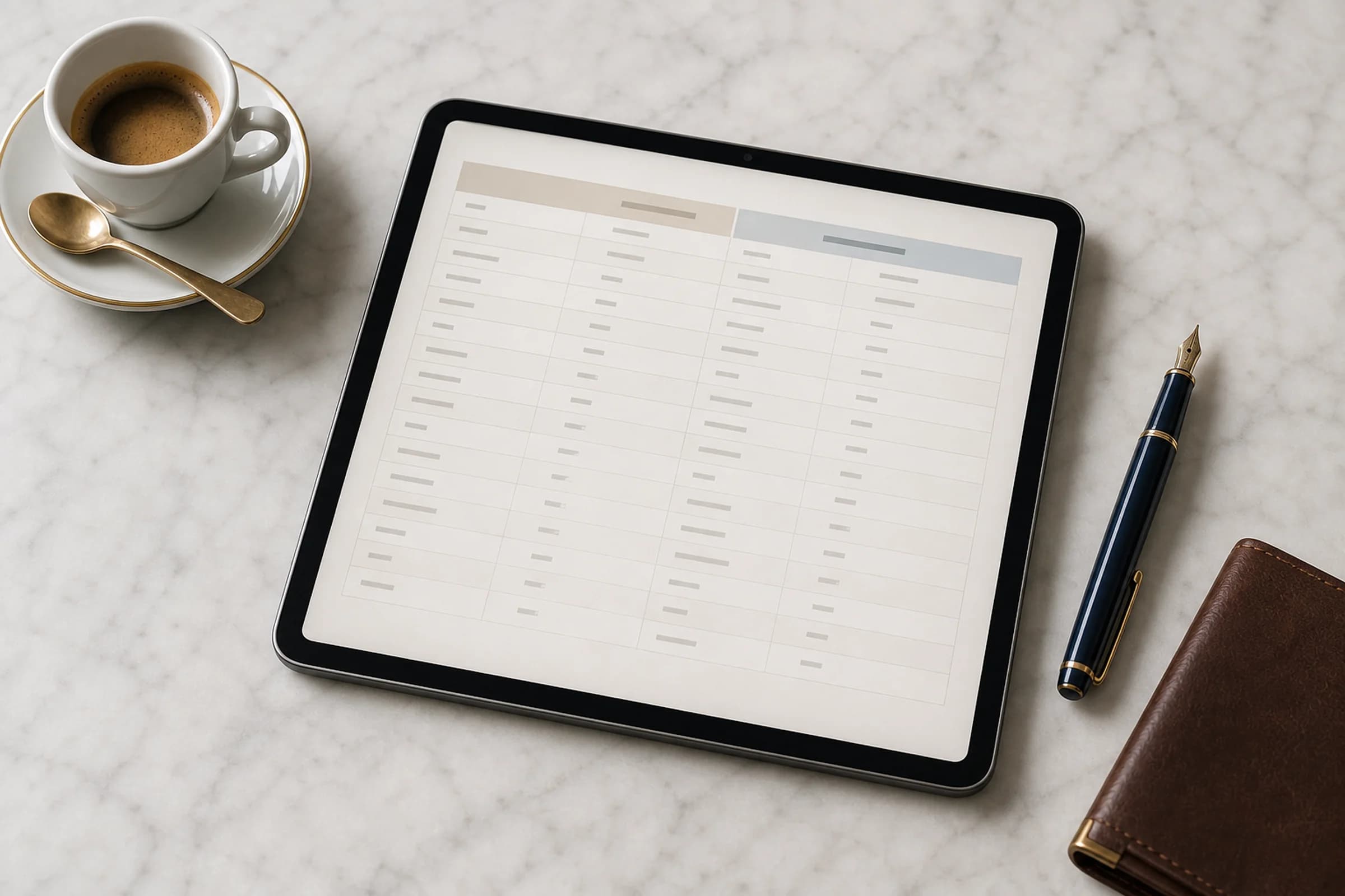 Aufgeklapptes Tablet auf einem Marmortisch zeigt eine zweispaltige Vergleichstabelle, daneben ein Pelikan-Füllfederhalter und eine kleine Espressotasse