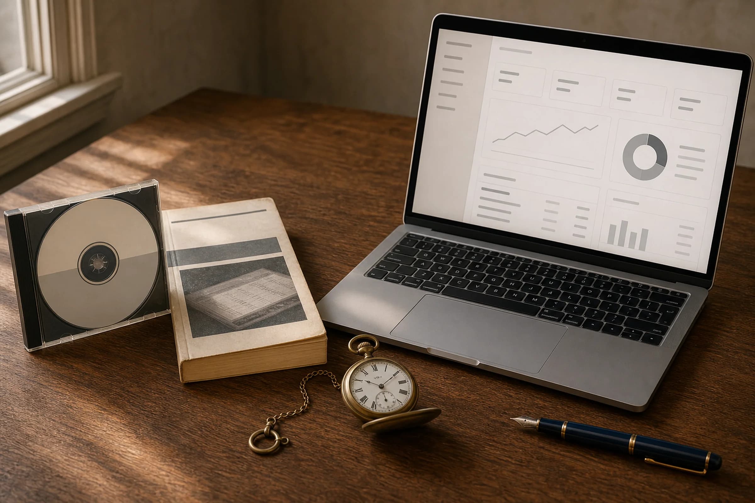 Auf einem Eichentisch nebeneinander eine vergilbte Buchhaltungs-CD-ROM in der Hülle und ein modernes silbernes MacBook, dazwischen eine antike Taschenuhr und ein Pelikan-Füllfederhalter